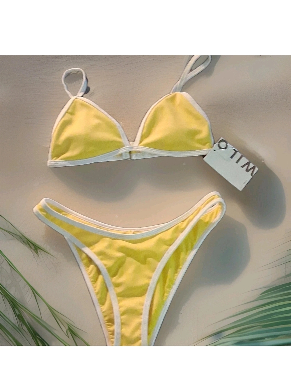 Yellow Contrast-Trim Triangle Bikini Set